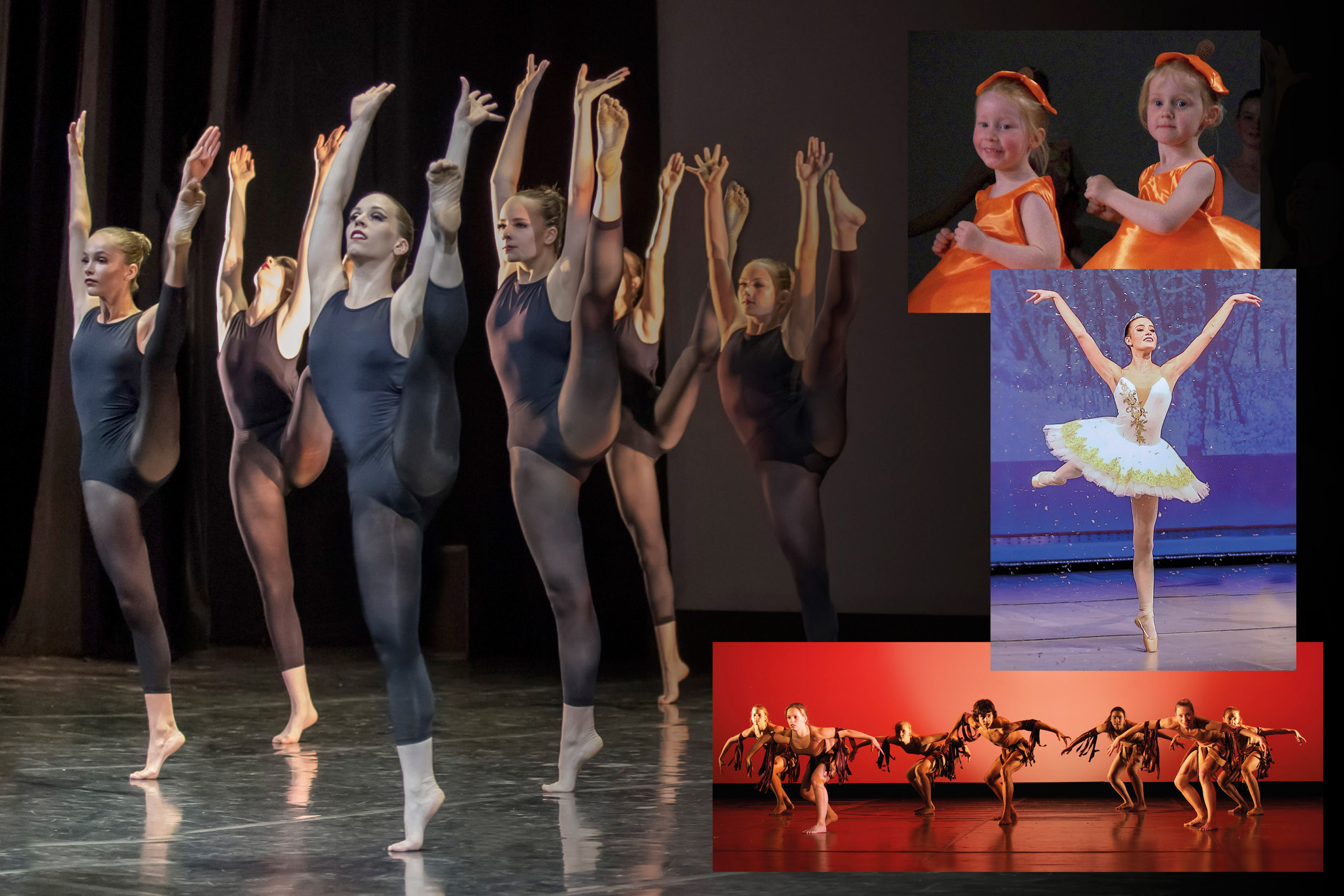 Sechs Tänzerinnen in schwarzen Trikots werfen Ihr Bein hoch. Zwei kleine Mädchen lachen und eine Ballerina steht auf der Spitze.